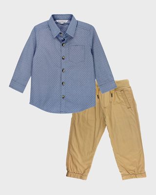 Boy's Chambray Button Down Shirt W/ Chino Joggers, Size 2T-8