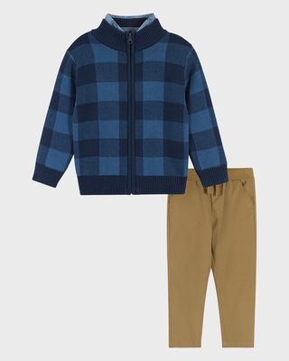 Boy's Check-Print Intarsia Sweater Set, Size 2T-8
