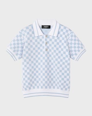 Boy's Check-Print Knit Polo Shirt, Size 4-6