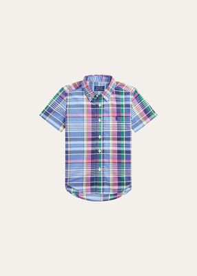 Boy's Check-Print Poplin Shirt, Size 2-4