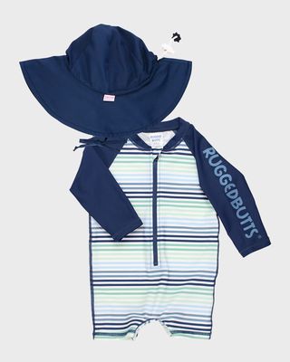 Boy's Coastal Stripe One-Piece Swimsuit and Hat Set, Size 0M-2T