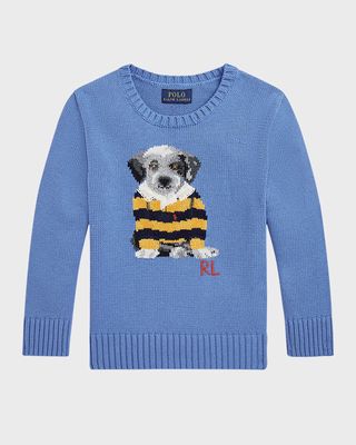Boy's Cotton Crewneck Dog Sweater, Size 2-7