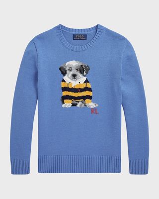Boy's Cotton Crewneck Dog Sweater, Size S-XL