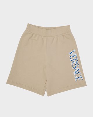 Boy's Damier Logo Embroidery Cotton Fleece Shorts, Size 8-14