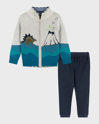 Boy's Dino Landscape Intarsia Sweater Set, Size 2T-8
