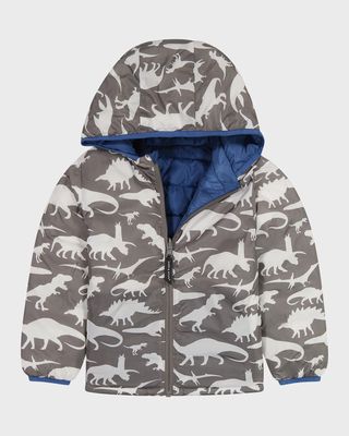 Boy's Dino-Print Reversible Puffer Jacket, Size 2T-8