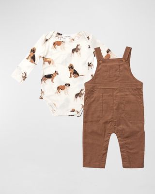 Boy's Dog-Print Bodysuit and Overalls Set, Size 3M-24M