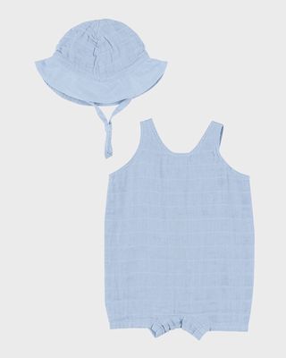 Boy's Dusty Blue Overall Shortie and Sunhat Set, Size Newborn-24M