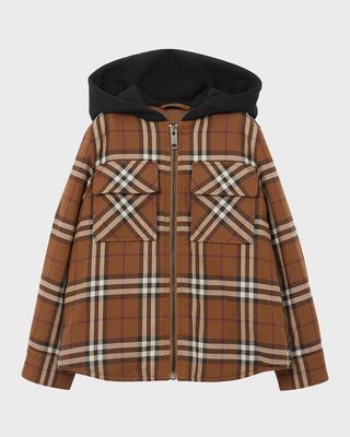 Boy's Eddie Hooded Flannel Check Jacket, Size 6-12