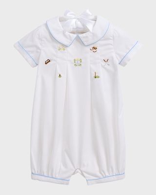 Boy's Embroidered Broadcloth Pleated One-Piece Shortalls, Size 9M-24M