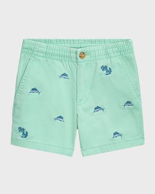 Boy's Embroidered Marlin Fish Shorts, Size 2-7