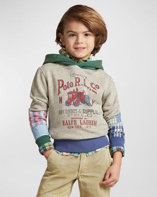 Boy's Embroidered Patchwork-Print Hoodie, Size 5-7
