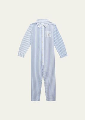 Boy's Embroidered Pony Striped Oxford Coverall, Size 3M-24M