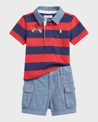 Boy's Embroidered Rugby Shirt & Chambray Shorts Set, Size 3M-24M