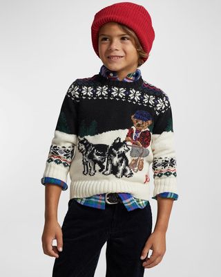 Boy's Fair Isle Festive Polo Bear Wool Sweater, Size 2-7