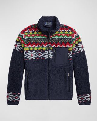 Boy's Fair Isle Printed Fleece Jacket, Size S-XL