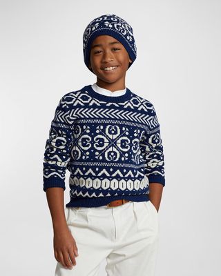 Boy's Fair Isle Printed Knitted Sweater, Size S-XL