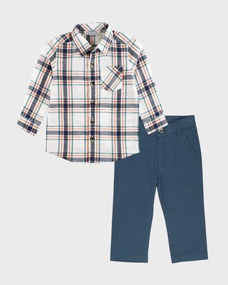 Boy's Fall Harvest Plaid Button Down W/ Chino Pants, Size 3M-7
