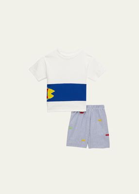 Boy's Fish Applique T-Shirt W/ Seersucker Embroidered Shorts, Size 12M-24M