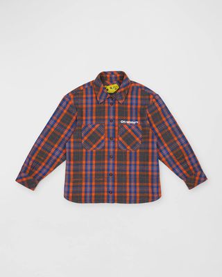 Boy's Flannel Logo-Text Button Down Shirt, Size 4-12