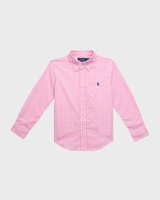 Boy's Gingham Poplin Button-Front Sport Shirt, Size S-XL