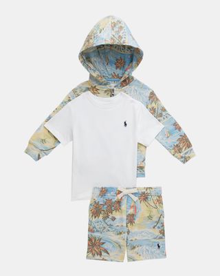 Boy's Graphic Beach-Print Hoodie, Shorts And T-Shirt Set, Size 3M-24M