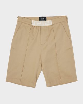 Boy's Greca-Trim Gabardine Shorts, Size 4-6