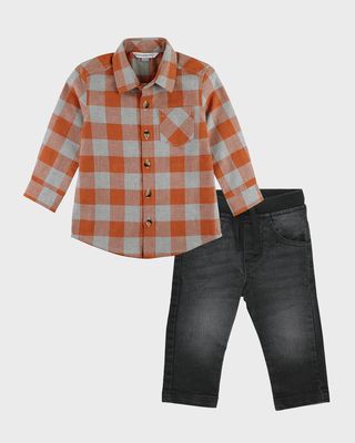 Boy's Hadlee Plaid Button Down Shirt W/ Pull-On Jeans, Size 3M-5