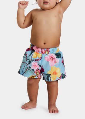Boy's Hibiscus-Print Swim Trunks, Size Newborn-18M