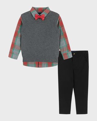 Boy's Holiday Check-Print Bodysuit W/ Vest & Pants Set, Size 2T-8