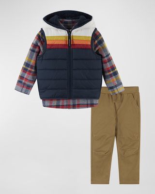Boy's Hooded Puffer Vest W/ Shirt & Joggers Set, Size 2-7