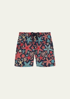 Boy's Jirise Starfish-Print Swim Shorts, Size 2-12