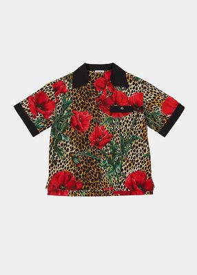 Boy's Leopard & Rose-Print Button Down Shirt, Size 4-6