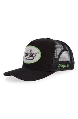 BOYS LIE Angel Patch Corduroy Trucker Hat in Black