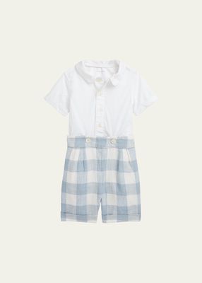 Boy's Linen Gingham Shorts W/ Button Down Shirt, Size 9M-24M