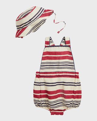 Boy's Linen Striped Bubble Shortalls and Hat Set, Size 9M-24M