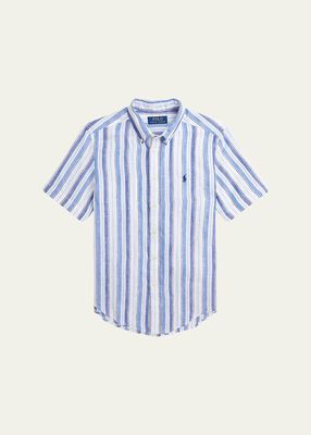 Boy's Linen Striped Polo Shirt, Size S-XL