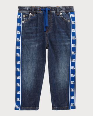 Boy's Logo-Tape Denim Jeans, Size 12-30M