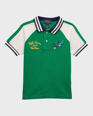 Boy's Map Embroidery Cotton Mesh Short-Sleeve Polo Shirt, Size 2-7