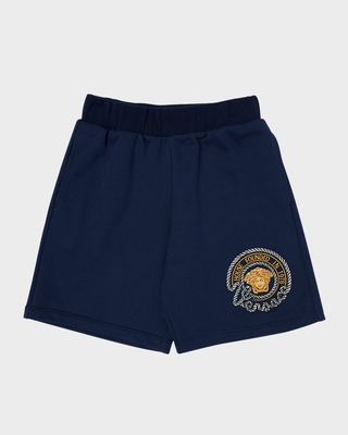Boy's Medusa Marine Embroidered Cotton Sweat Shorts, Size 4-6
