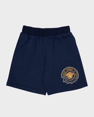Boy's Medusa Marine Embroidered Cotton Sweat Shorts, Size 8-14