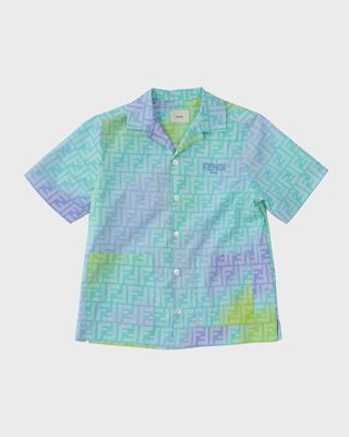 Boy's Monogram-Print Embroidered Logo Button Down Shirt, Size 8-14