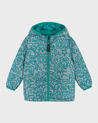 Boy's Monsters-Print Reversible Puffer Jacket, Size 2T-8