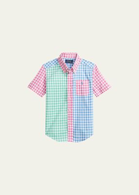 Boy's Multicolor Gingham-Print Polo Shirt, Size bed 5-7