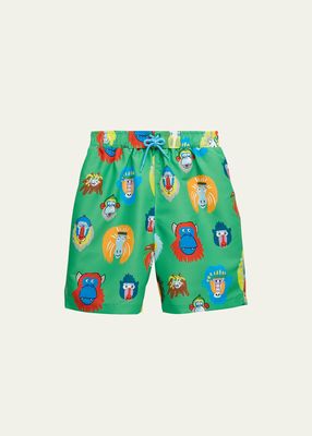 Boy's Multicolor Monkey-Print Shorts, Size 2-10