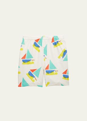 Boy's Multicolor Sail Boat-Print Bermuda Shorts, Size 4-13