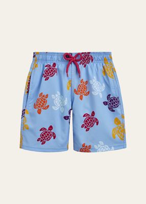 Boy's Multicolor Turtle-Print Swim Shorts, Size 2-14