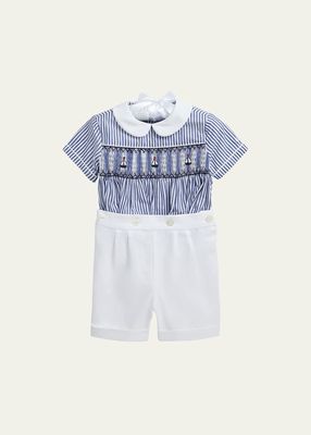 Boy's Nautical-Inspired Smocked Shirt And Linen Set, Size 9M-24M