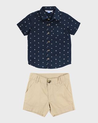 Boy's Navy Sailboats Shirt and Chino Shorts Set, Size 3M-8