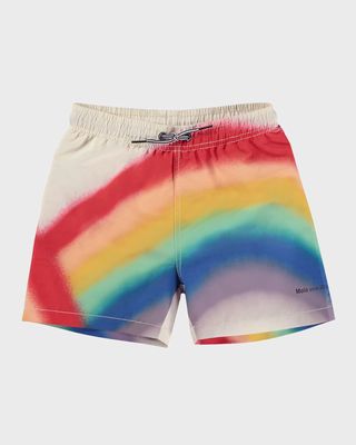 Boy's Niko Rainbow-Print Swim Trunks, Size 3T-6